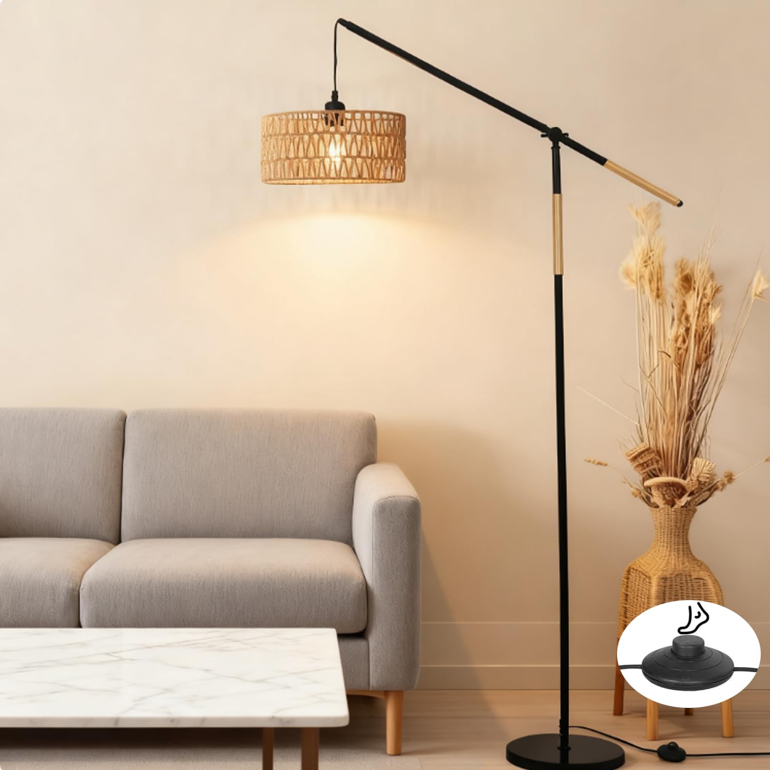 CCXXYGWJ Lampada da ad Arco - Paralume Intrecciato a Mano con Piede - Illuminazione Elegante per l'angolo della Camera da Letto e l'angolo Lettura