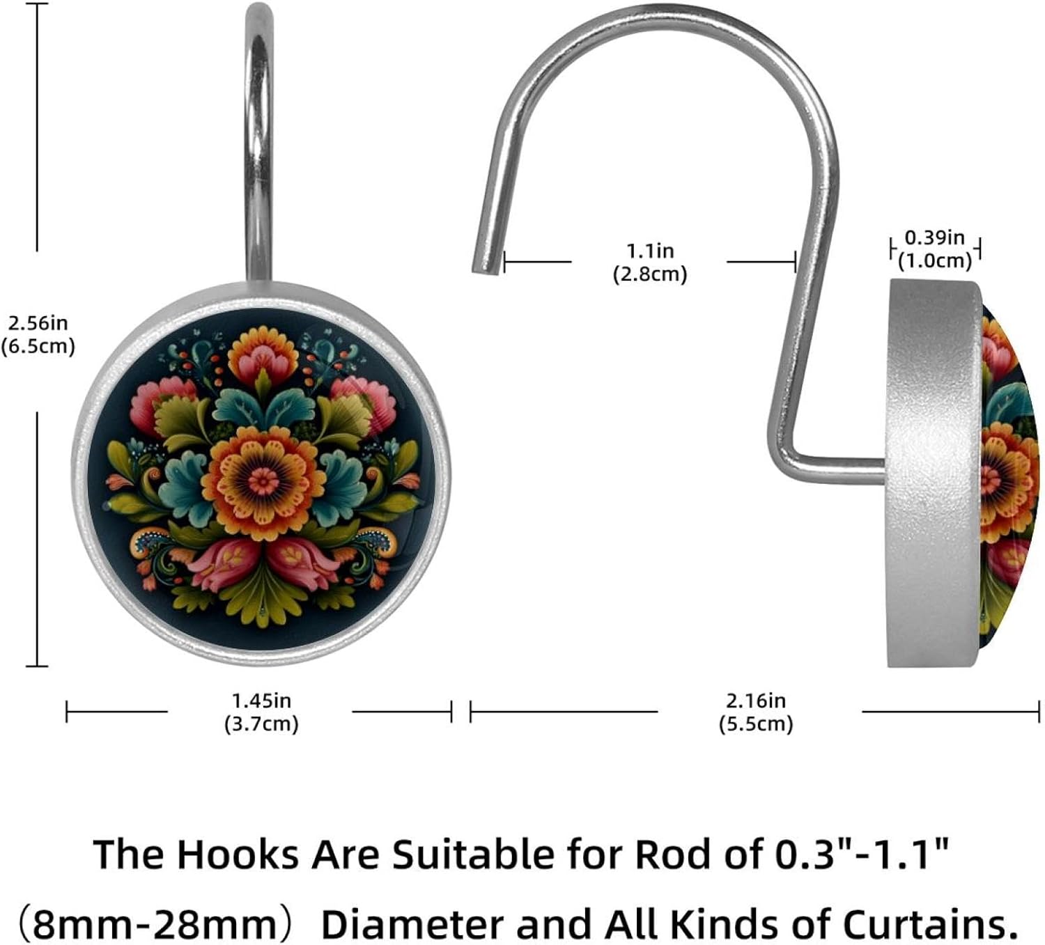 12PCS Norwegian Rosemaling Folk Style Flower (40) Shower Curtain Hooks Metal Rust Resistant Decorative Shower Curtain Hooks Bathroom Decorations