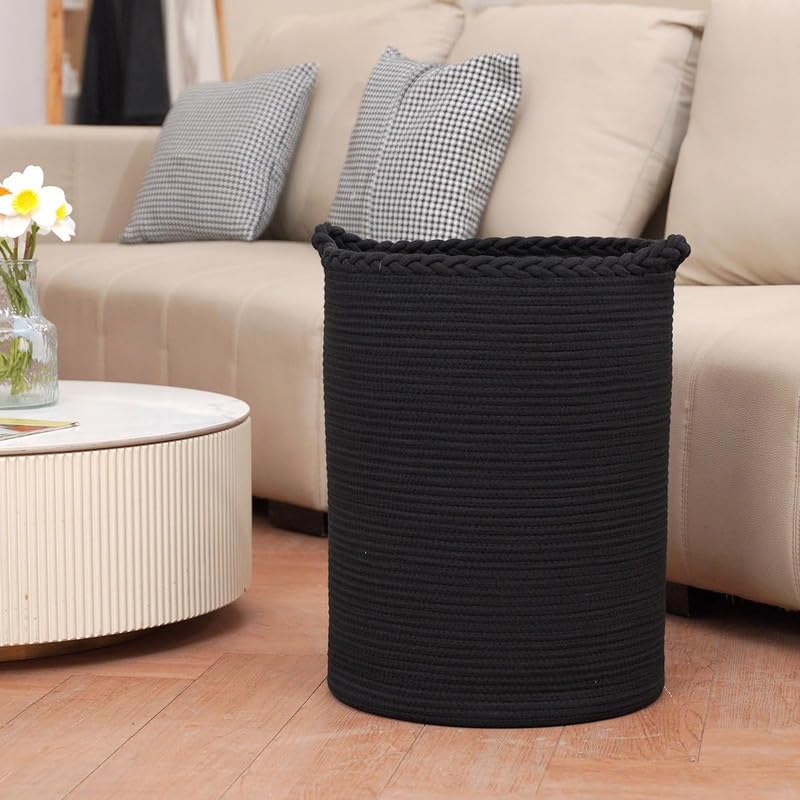 Image of Storage Rope Laundry Hamper Basket for Clothes, Towels and Blankets in Livingroom, Bedroom, Laundry Room and Basket for Nursery Storage (Size - 15 inch x 15 inch x 18 inch) (Black Zig Zag)