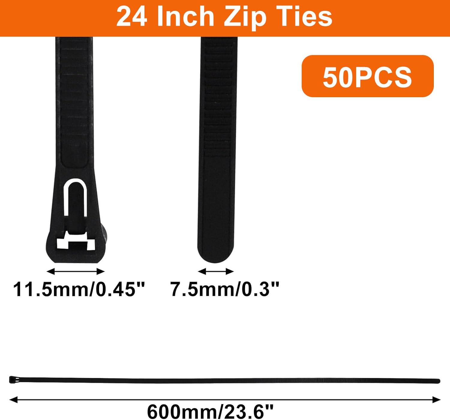 Reusable Zip Ties 24 Inch, 50 Pack Black Cable Ties Reusable UV Resistant, Heavy Duty Zipties Nylon Wire Ties Removable for Cord Management