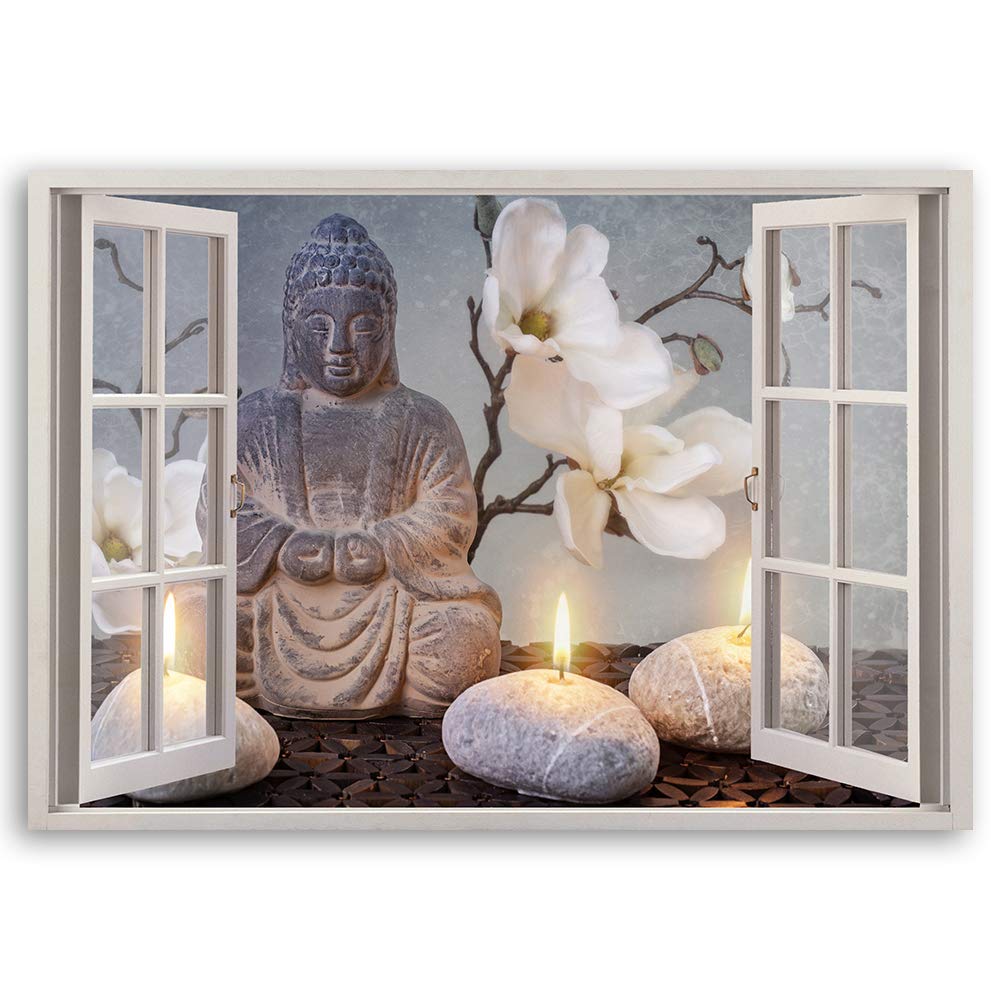Feeby Obraz Dekoracyjny Iluzja 3d Okno 120x80 cm 1 cześciowy obraz scienny XXL Nowoczesna dekoracja do Salonu Kuchni Pokoju Budda Zen SPA Szary