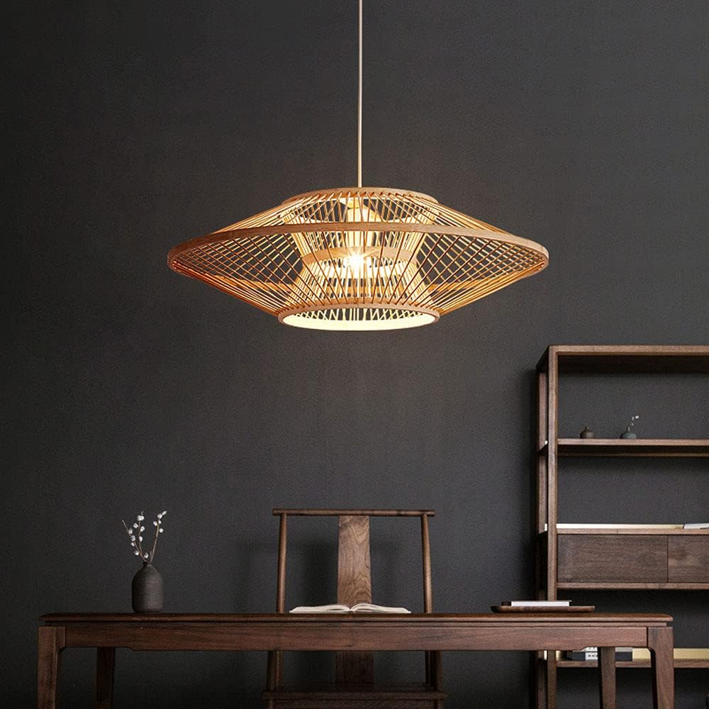 Retro Chinese Bamboo Wicker LED Chaner with Bird Cage Shade - 1 Light for Dining Room, Farmhouse, Beige