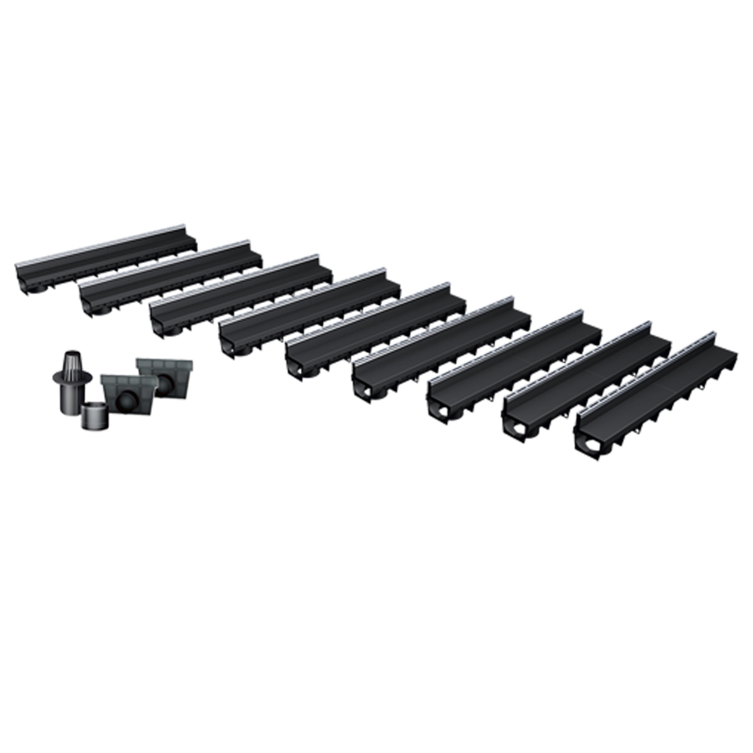 Pack de 9 Caniveaux Extérieurs MEAPARK – Grille à Fente en PP Recyclé + Profil E-Blade S en Inox – Drainage Terrasse, Piscine, Jardin – Classe A15 Piéton – Largeur utile 10 cm