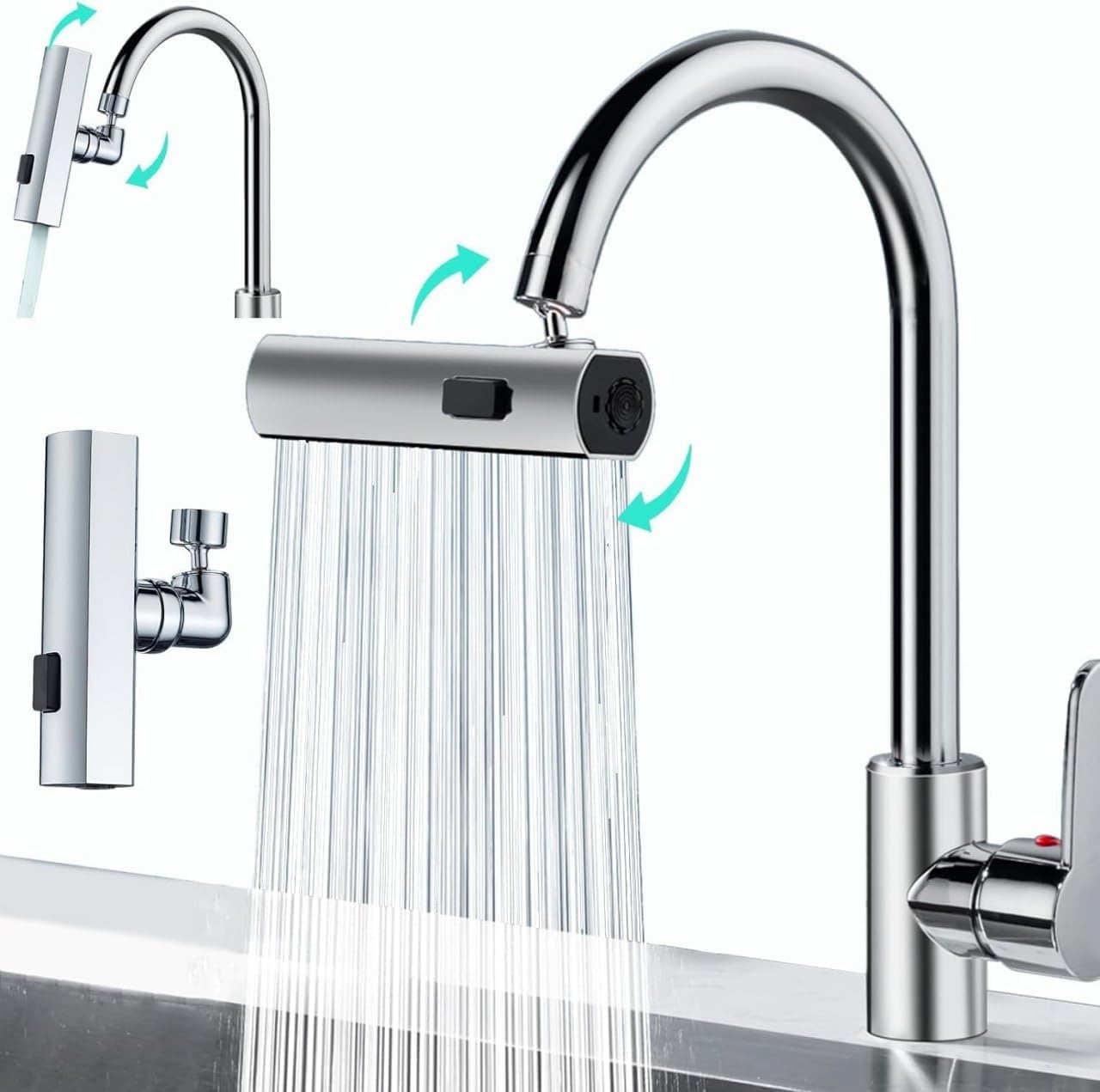 PAGHADI 3 in 1 360° Waterfall Kitchen Faucet,Universal Swivel Waterfall Faucet,Stainless Steel Multifunctional Adjustable Kitchen Faucet with Pull Out Sprayer (Silver) (B0D5MK8VZW) Amazon Price History, Amazon Price Tracker