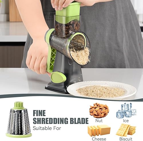 Miniatura 3 de KEOUKE Rallador giratorio de queso, manivela transparente, trituradora de 3 cuchillas de acero inoxidable, succión estable, mango de ahorro de