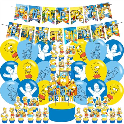 Simpsons Party Decorations,Birthday Party Supplies For Cartoon Party Supplies Includes Banner - Cake Topper - 12 Cupcake Toppers - 18Balloons