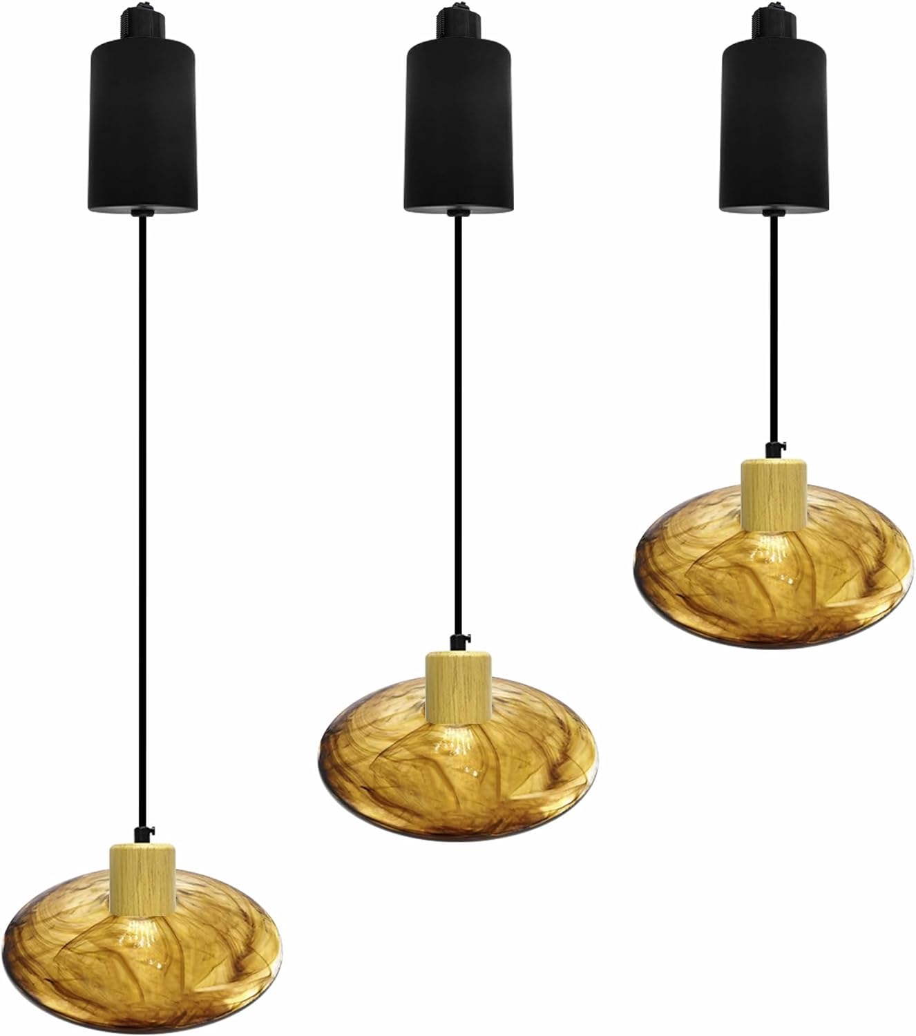 Adjustable Height Halo Track Lighting Pendants, 6.5 ft Cord, H-Type Dimmable Vintage Natural Wood E26 Socket Chandeliers Coffee Glass Saucer Lamp Shade for Kitchen Island Vaulted Ceiling