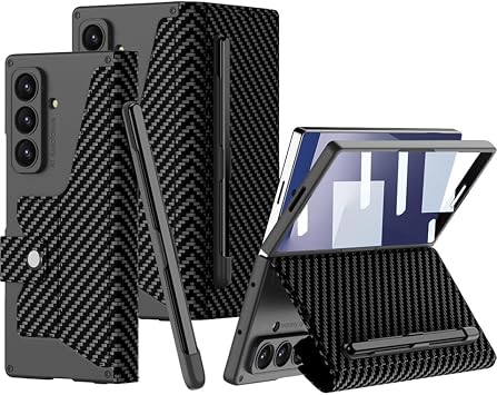 CONSTRAIN - Samsung Galaxy Z Fold 5 6 ile uyumlu Kamera Korumalı Karbon Tasarımlı Kıpta Kalemli Kapak Kılıf - Siyah