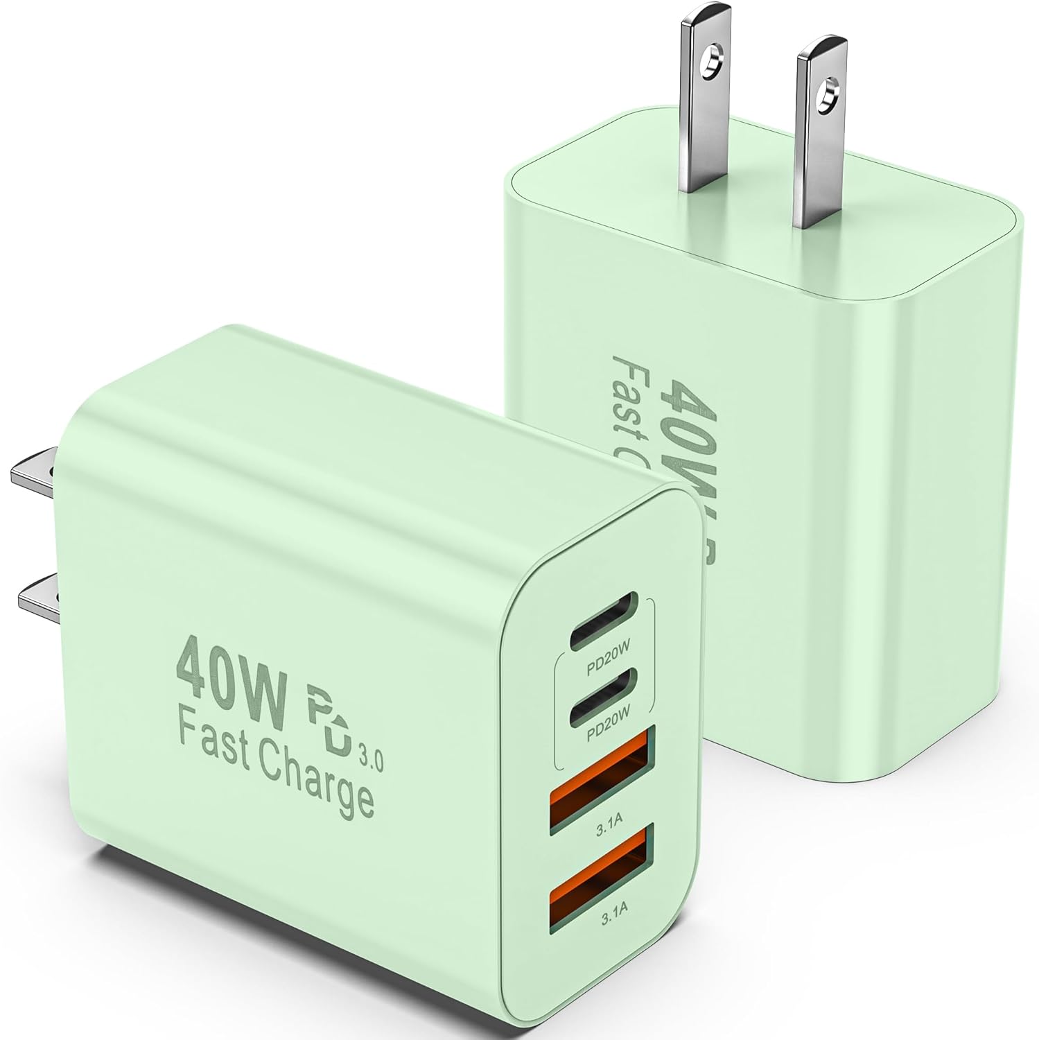 USB C Charger Block, 2 Pack 40W 4-Port iPhone Charger Fast Charging Multiport PD 3.0 & QC 4.0 Double Quick Charge, Compatible with iPhone 16/15/14/13/12/11，Pro Max，iPad, Samsung(Green)
