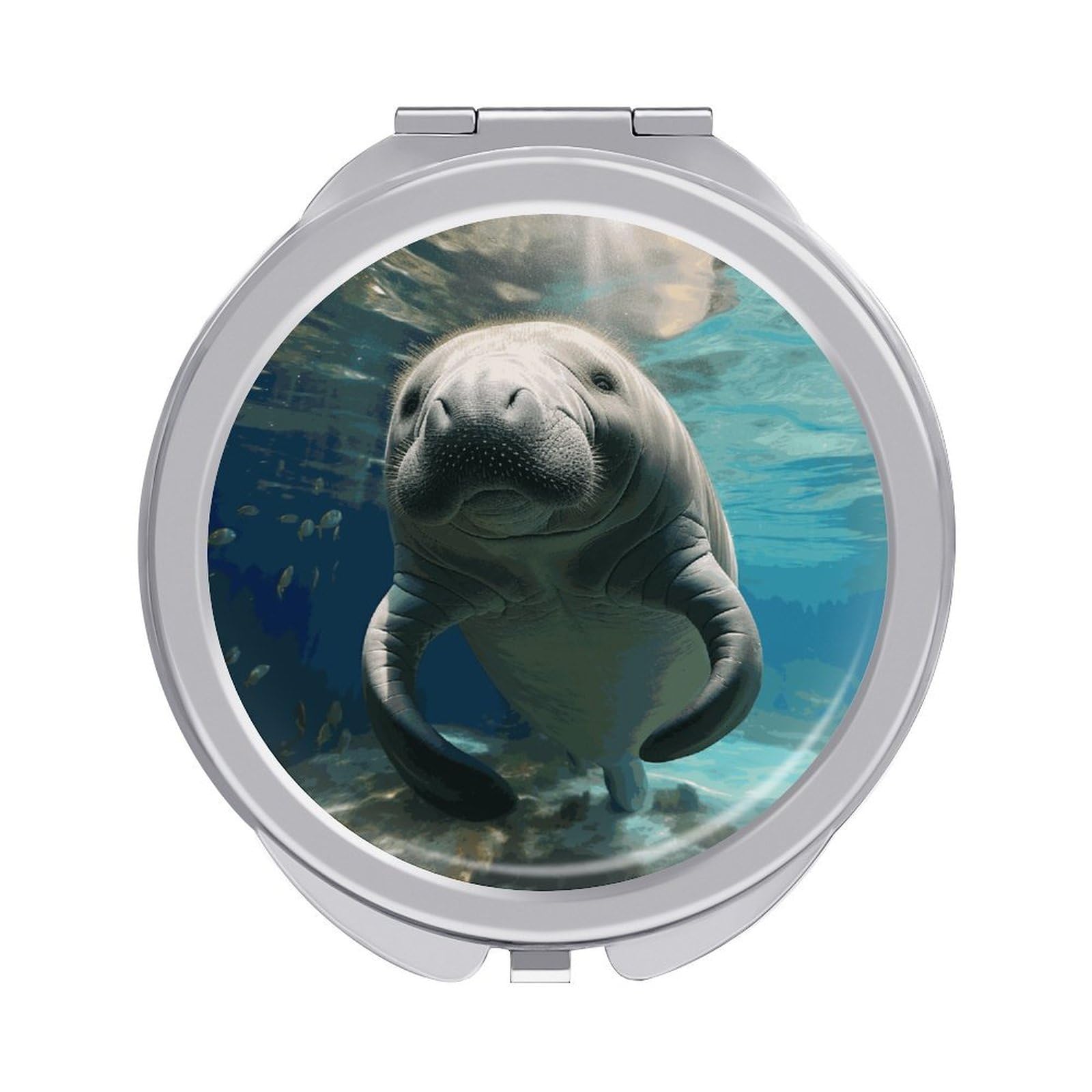 JTREHY Cute Sea Animal Manatee Makeup Mirror Silver Mirror Surface Folding Makeups Mirrors Lightweight Durable Looking Glass for Suitable Traveling Handbag and Purses