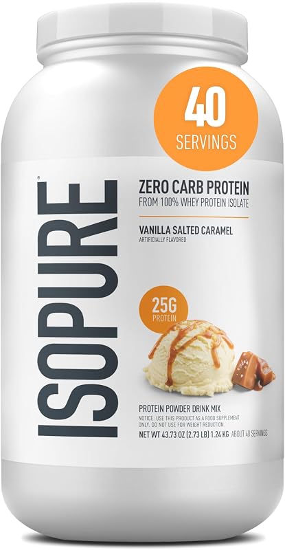 Isopure Zero Carb Whey Isolate Proteína en polvo, caramelo salado de vainilla 3 LB | 25 g de proteína por porción, 100 % aislado de proteína de suero, sin gluten, con vitaminas añadidas para apoyo inmunológico y recuperación muscular