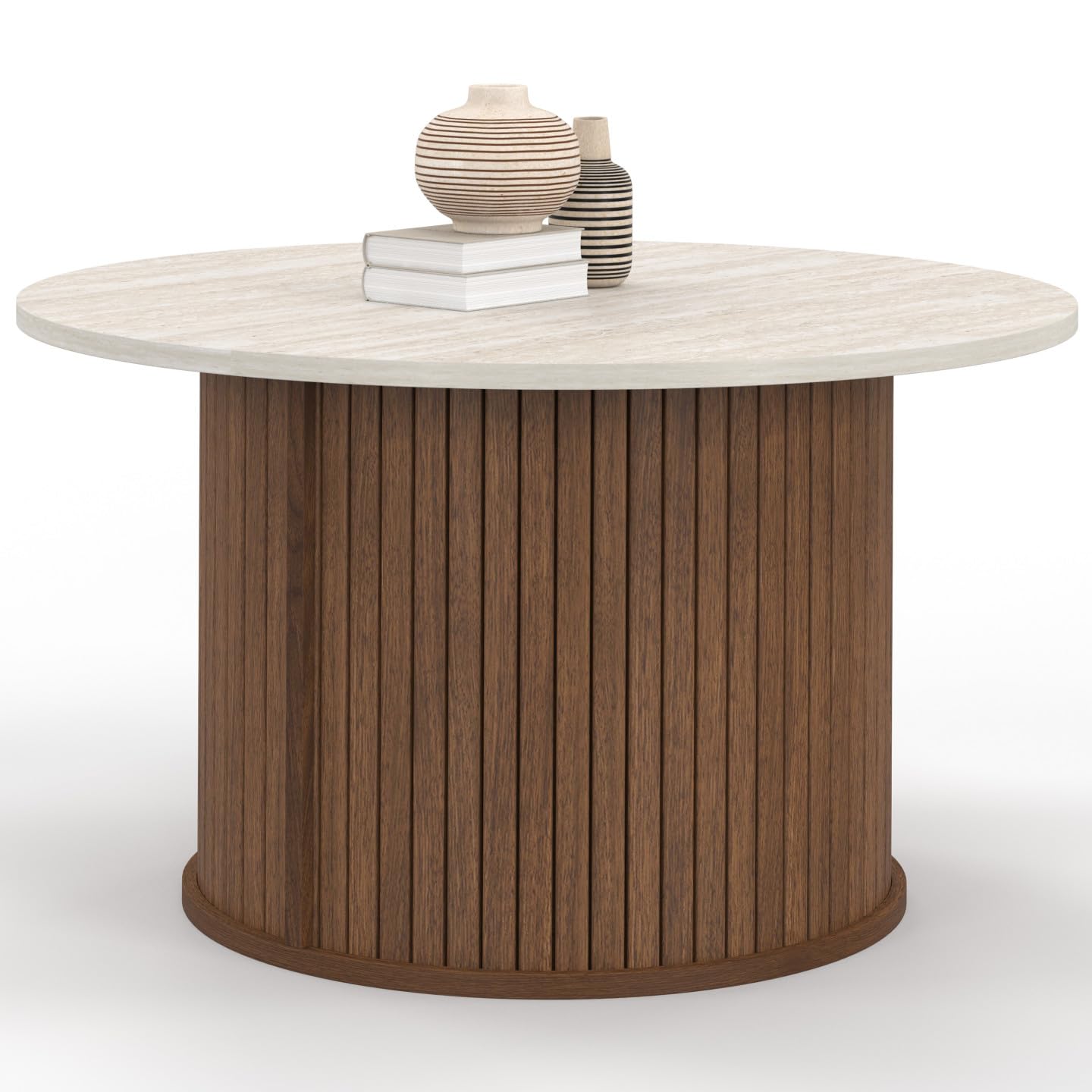 IDMarket - Table Basse Ronde Juliette 70 cm Lattes Effet Noyer et Plateau travertin