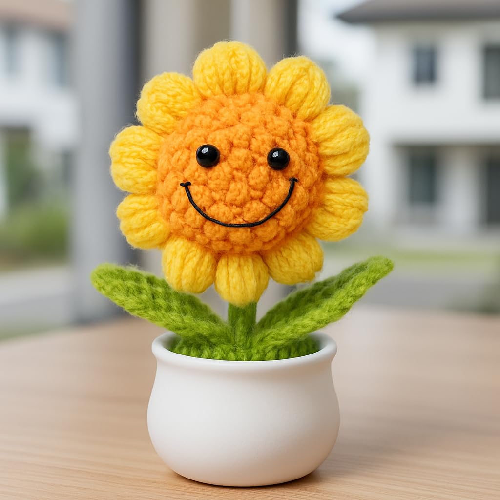 13CM Height Handmade Crochet Smiling Flower Pot for Home & Office Decor, Cute Aesthetic Desk Showpiece, Positive Vibes Table Decor, Thoughtful Gift for Friends, Loved Ones (Sunny Smile Yellow)-image-37