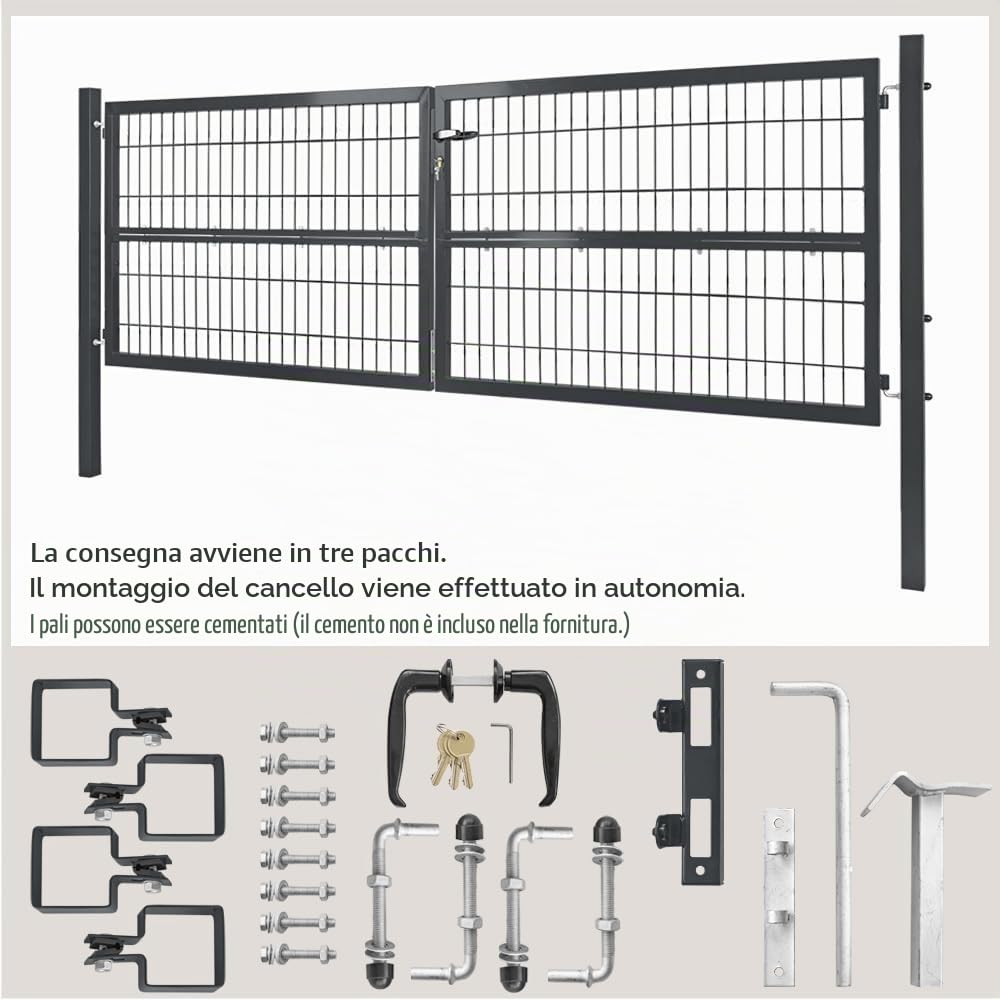 Cancello da giardino 300 x 100 cm, doppia anta in metallo, porta da giardino per asta e recinzione, con serratura, include paletti grigi