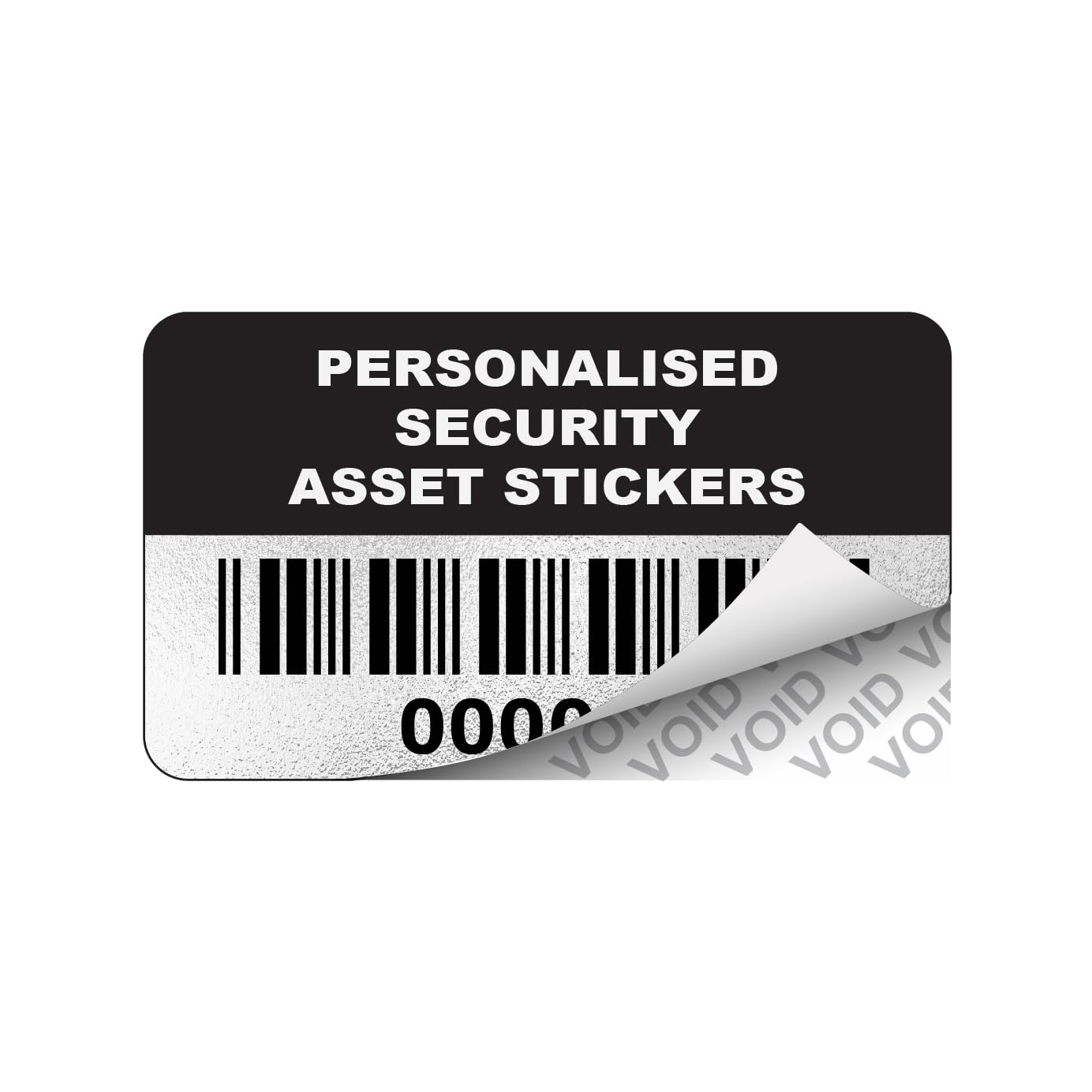2000 Black Personalised Void Security Asset Tag Labels Custom Stickers- 38mm x 21mm Silver Void Polyester Labels - Simple to Customize. Choose one of 7 Colours, imput Your Text and Number Range