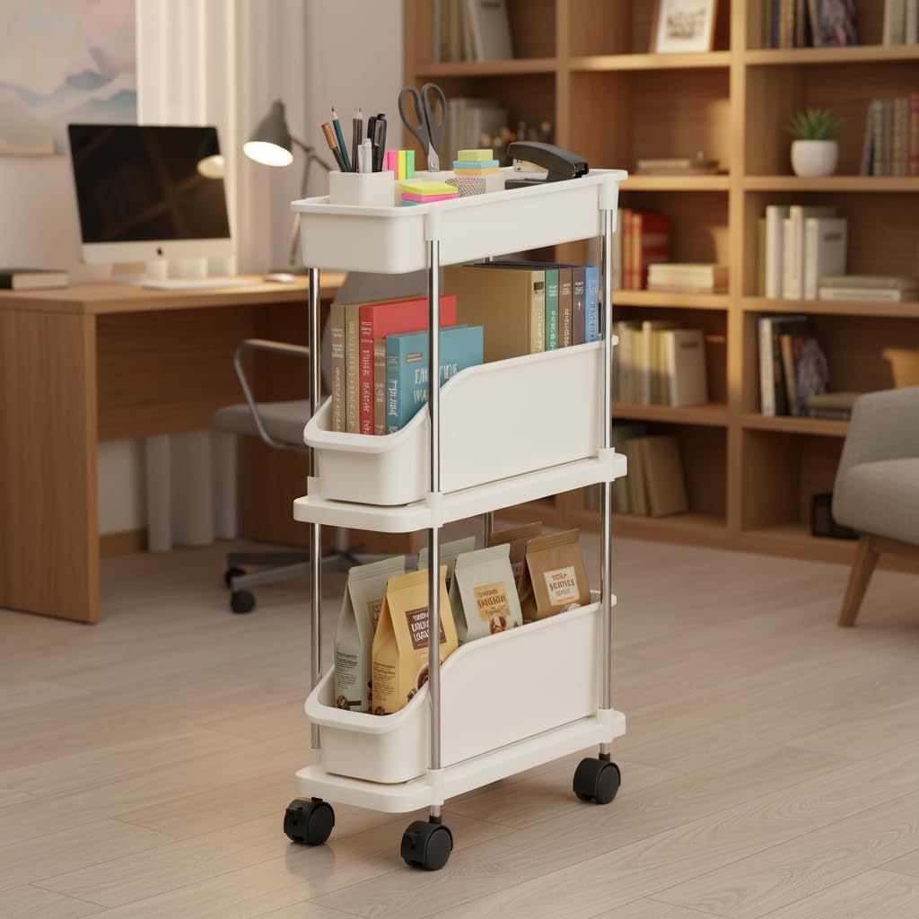 Slim Storage Cart 3 Tier Slim Rolling Utility Cart with Pull-Out Baskets & Wheels for Narrow Space in Kitchen Dining Room Bathroom Laundry Room Cream White (Width 6.3 Inches)