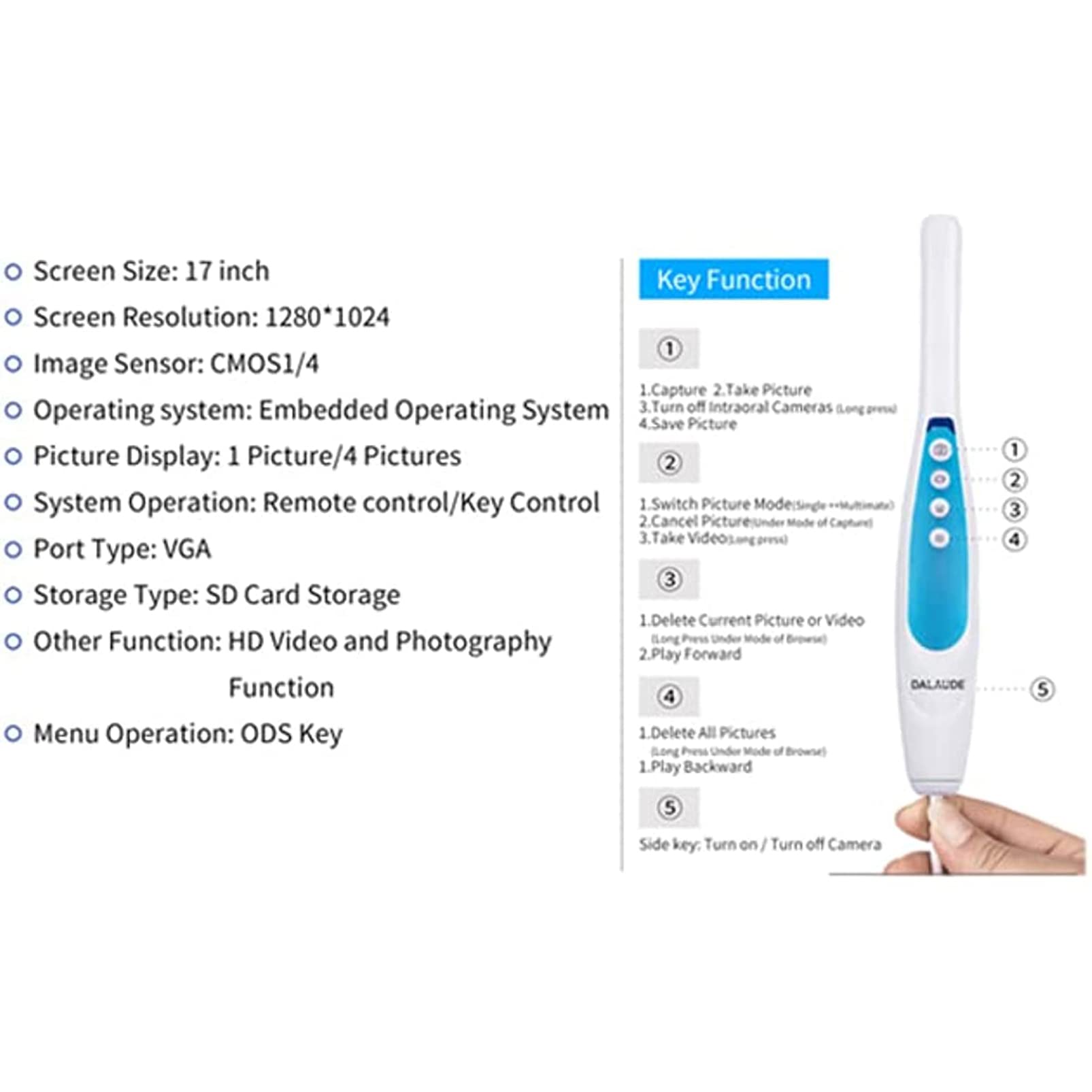 Cámara Intraoral Dental, Endoscopio Médico VGA con Monitor De Pantalla De 17 Pulgadas/escáner Intraoral Digital, Sistema De Imágenes De Video Digital para Fotografía Dental Intraoral