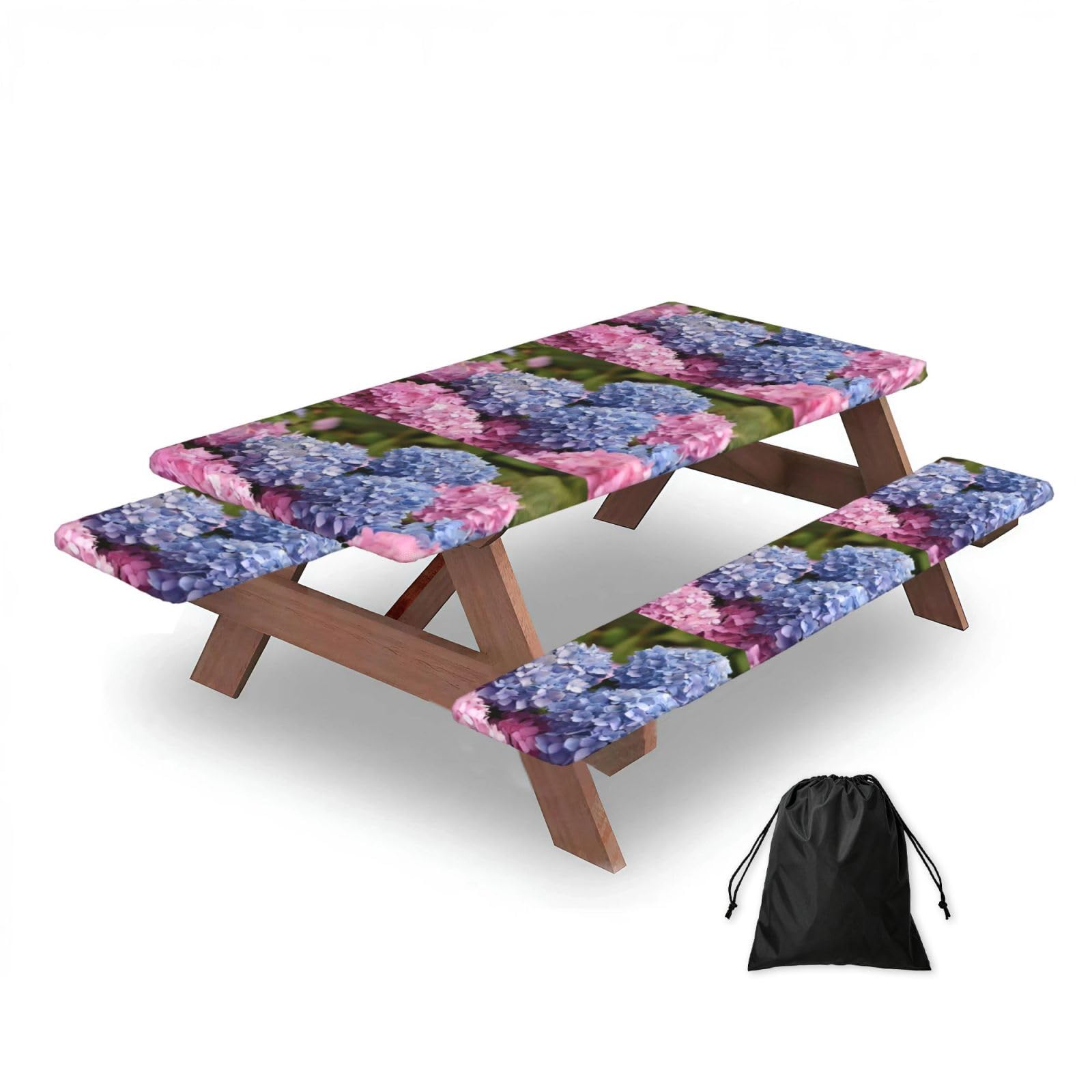 Hydrangea Flower Pattern, Picnic Table Cover With Bench Covers -Waterproof Elastic Fitted Tablecloth for Garden Camping Patio 76x152cm