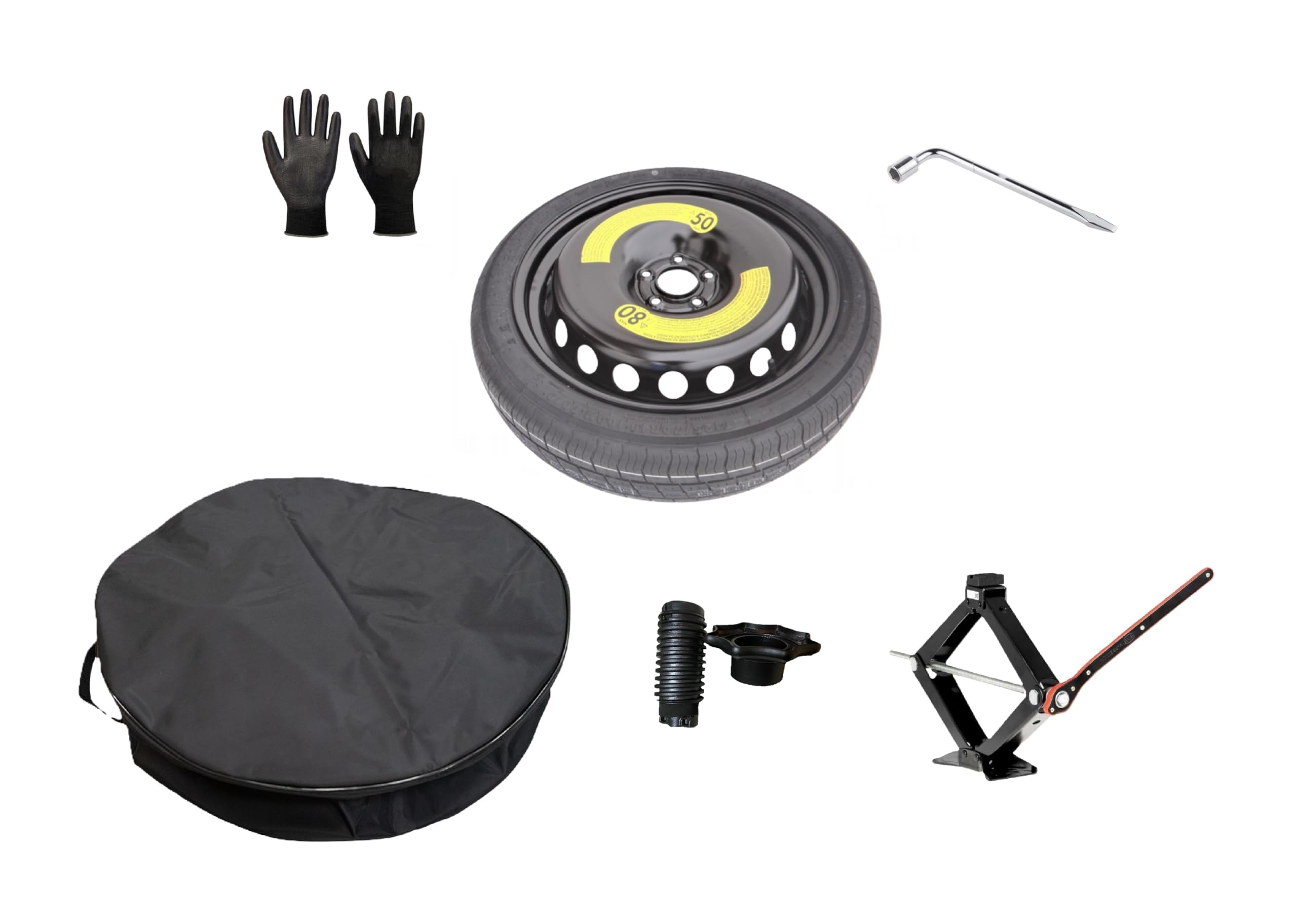 Kit Ruotino di Scorta 18" compatibile con Volkswagen T-Roc con Cric, Chiave, Vite di fissaggio, Guanti e Sacca 125/70R18