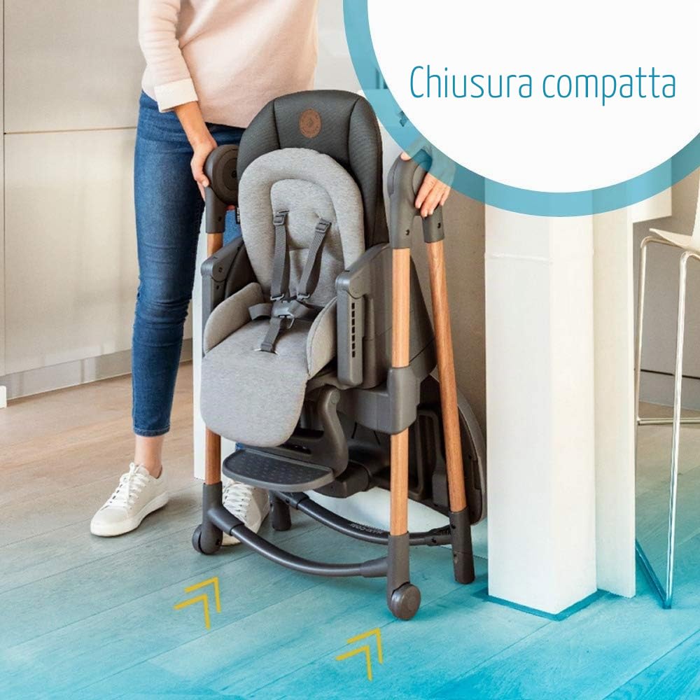 Maxi-Cosi Minla - Seggiolone Evolutive, 0-14 anni, fino a 60 kg, 9 opzioni di altezza, 5 posizioni reclinabili e 4 vassoi, pieghevole compatto, poggiapiedi regolabile, colore: grafite essenziale