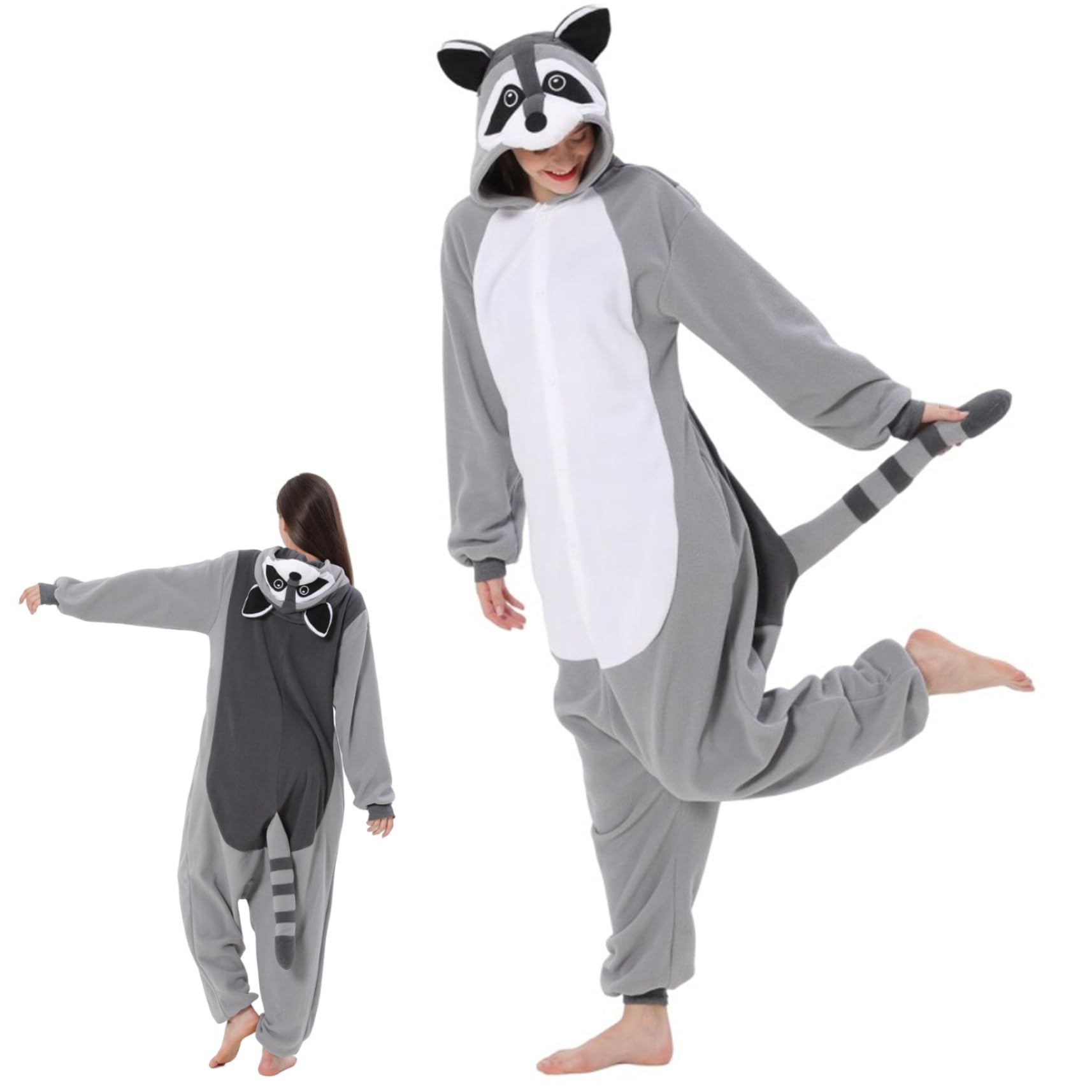 Mono de Mapache para Adulto Pijama de Mapache con Capucha y Cola Mono de Animal de Forro Polar con Cierre de botón Disfraz Lindo y térmico para Navidad, Halloween.