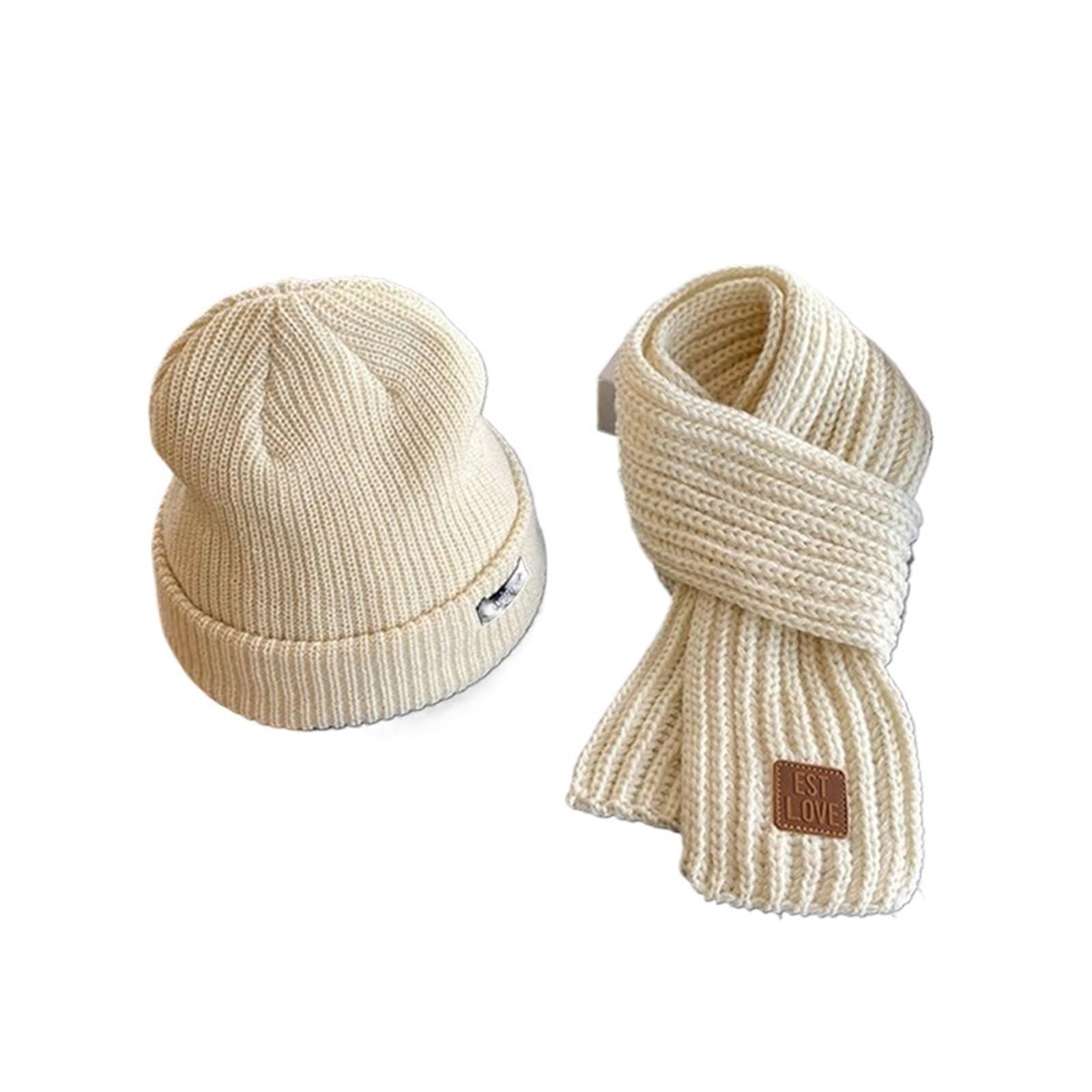 2 Sets Kids Hat and Scarf Combo - Autumn & Winter Windproof Knitted Hat and Bib, Baby Wool Hat for Boys and Girls(Beige)