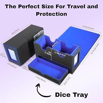 Card Deck Box, MTG Commander Card Deck Box, 2 Commander Display, Fits 200 Double Sleeved Cards, Storage Box with Dice Tray for CCG TCG Sports Cards (Black Blue)