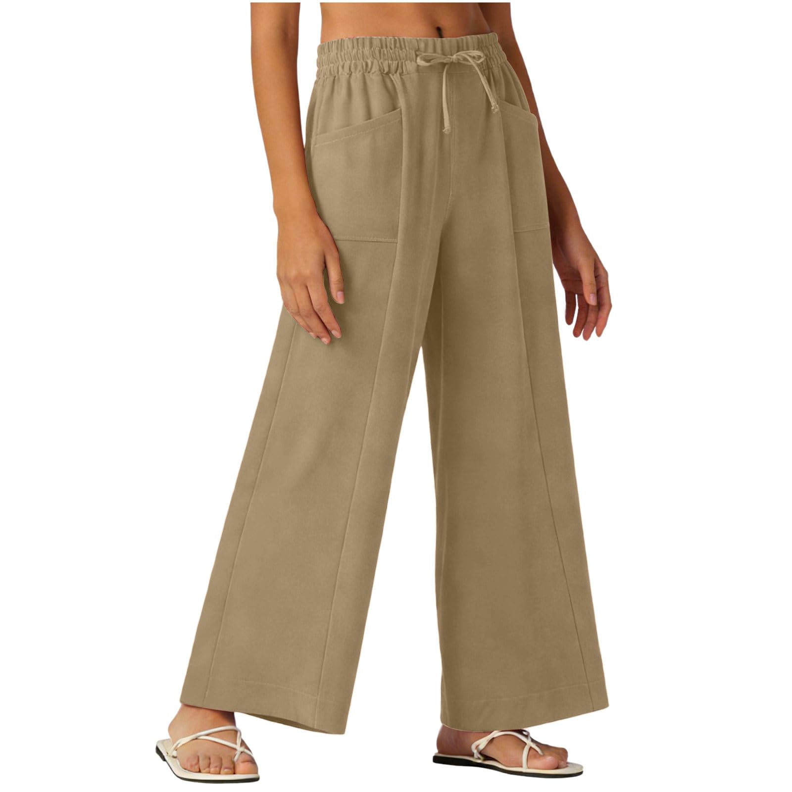 Pantalon Lin Femme été Coton Et Lin Baggy Confortable Pantalons Mode Fluide Ample Jambe Droite Taille Haute Elastique Pantalon D'été avec Cordon De Serrage Et Poches Coupe Décontractée