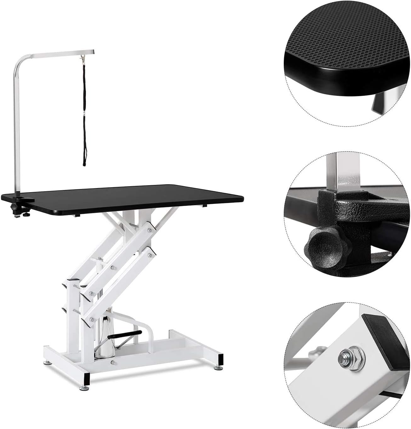 42.5 Inch Hydraulic Pet Dog Grooming Table Drying Table Heavy Duty Stainless Steel Frame with Adjustable Arm and Noose 330 lbs Capacity Height Range 21-36 Inch
