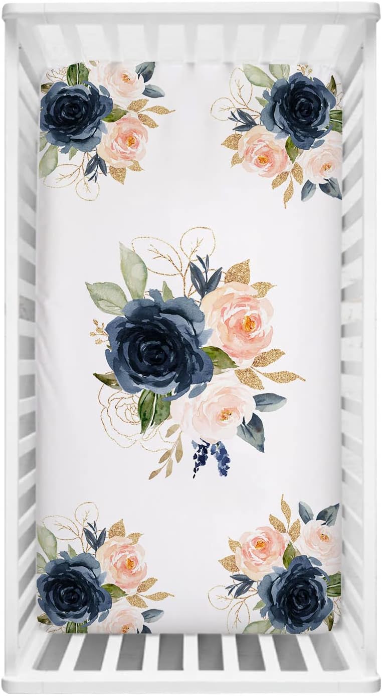UOOPOO-USPersonalized Baby Fitted Crib Sheet, Customized Flower Crib Bedding with Name, Custom Navy Blush Pink Flowers Name Nursery Crib Sheet, Silky Soft Toddler Baby Sheet for Boy/Girl 28"x 52"