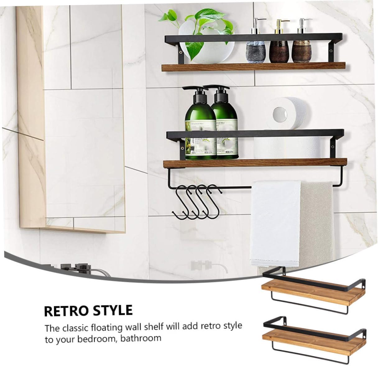 2-Piece Wall-Mounted Storage Racks Rustic Wooden Floating Shelves with Hooks Kitchen and Bathroom Organization Easy Installation Decorative Wall Shelf