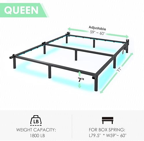 Miniatura 3 de Marco de cama Queen para somier, marco de cama de metal de 7 pulgadas con luces LED, base de cama de soporte de 9 patas, fácil montaje sin