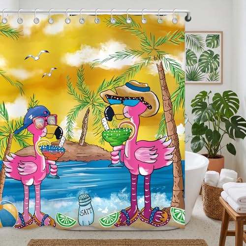 Moutina Flamingo Summer Shower Curtain Hawaiian Palm Tree Bathroom Decor Sunset Shower Curtain Set - 72x72 Inch Waterproof Polyester Fabric with Hooks