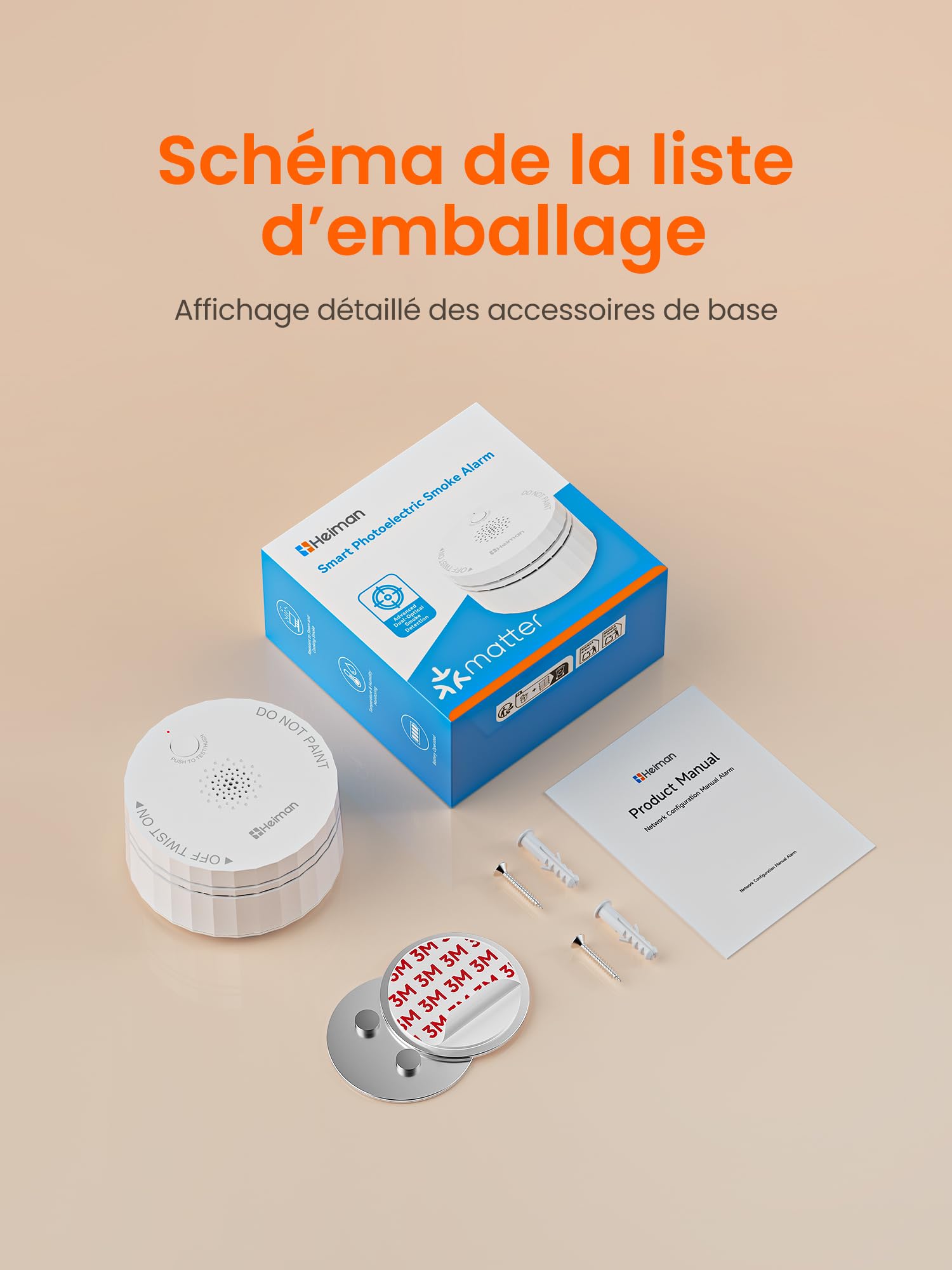 Heiman Detecteur de Fumée Matter avec Capteur de Température et d'Humidité | Pile Remplaçable 5 Ans, Fixation Magnétique, Compatible avec Apple Home/SmartThings/Home Assistant/Homey, S1-TM