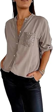 Cotton V-Neck Sequin Mid-Sleeve Casual Top, Sequin Tops for Women Sequins Sequined Glittery Casual Tee Shirt Tops