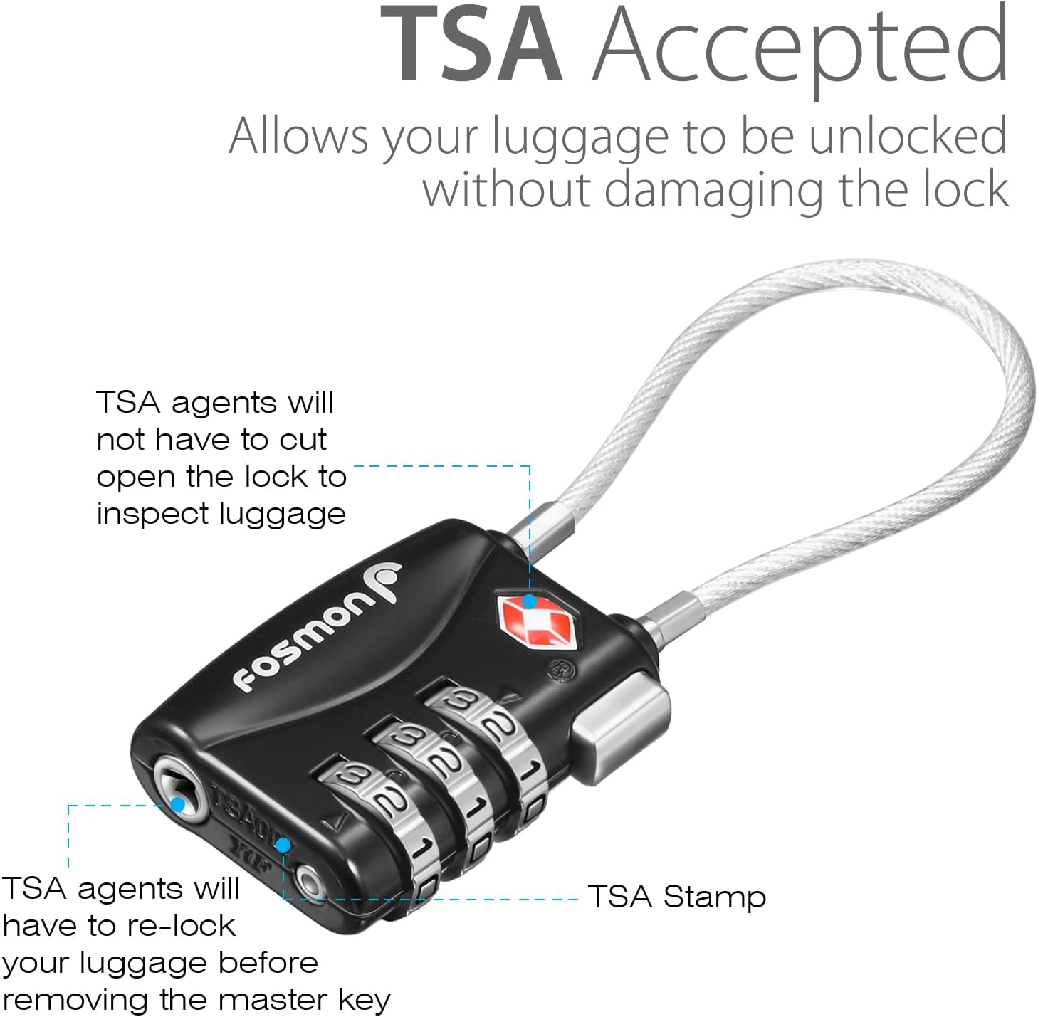 TSA Accepted Cable Luggage Locks, Fosmon (3 Pack) 3 Digit Combination Padlock with Alloy Body and Resettable Codes for Travel Bag, Suit Case, Lockers, Gym, Bike Locks