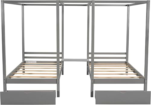 Miniatura 5 de SIYAHOME Camas de plataforma con dosel doble compartido de tamaño individual con dos cajones y escritorio integrado diseño que ahorra espacio