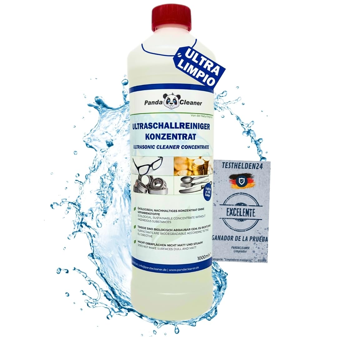 PandaCleaner Bio Limpiador ultrasónico concentrado 1L - líquido ultrasonido para gafas, joyas, dentaduras postizas, relojes - Limpiador para todos los aparatos y fabricantes (fórmula mejorada V2)
