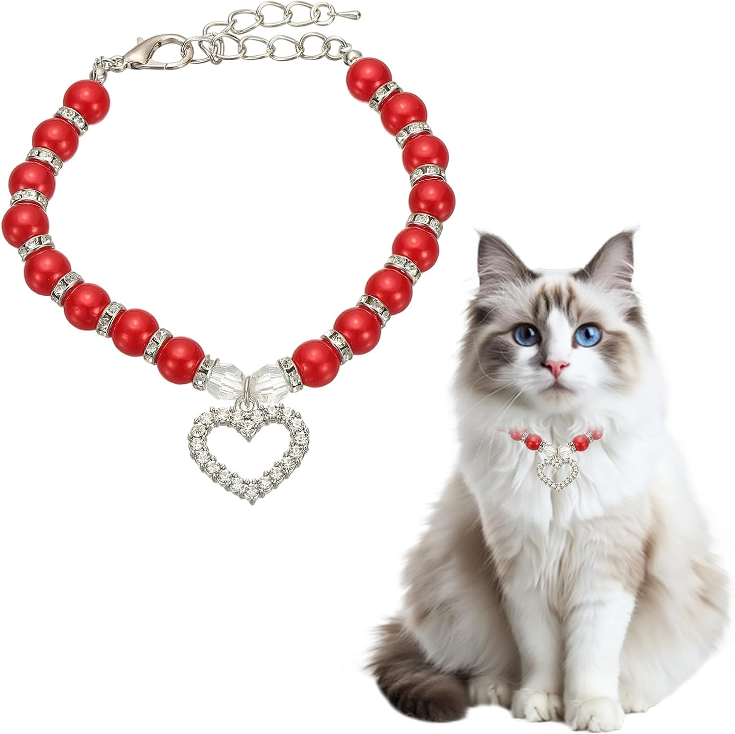 Cat Collar Pearl Necklace, 11 Inch Dog Pearl Necklace Collar, Pets Jewelry Accessories with Heart Shape Rhinestone, (Red, S), Intended for Puppies/Small Dogs Cats/Clothes