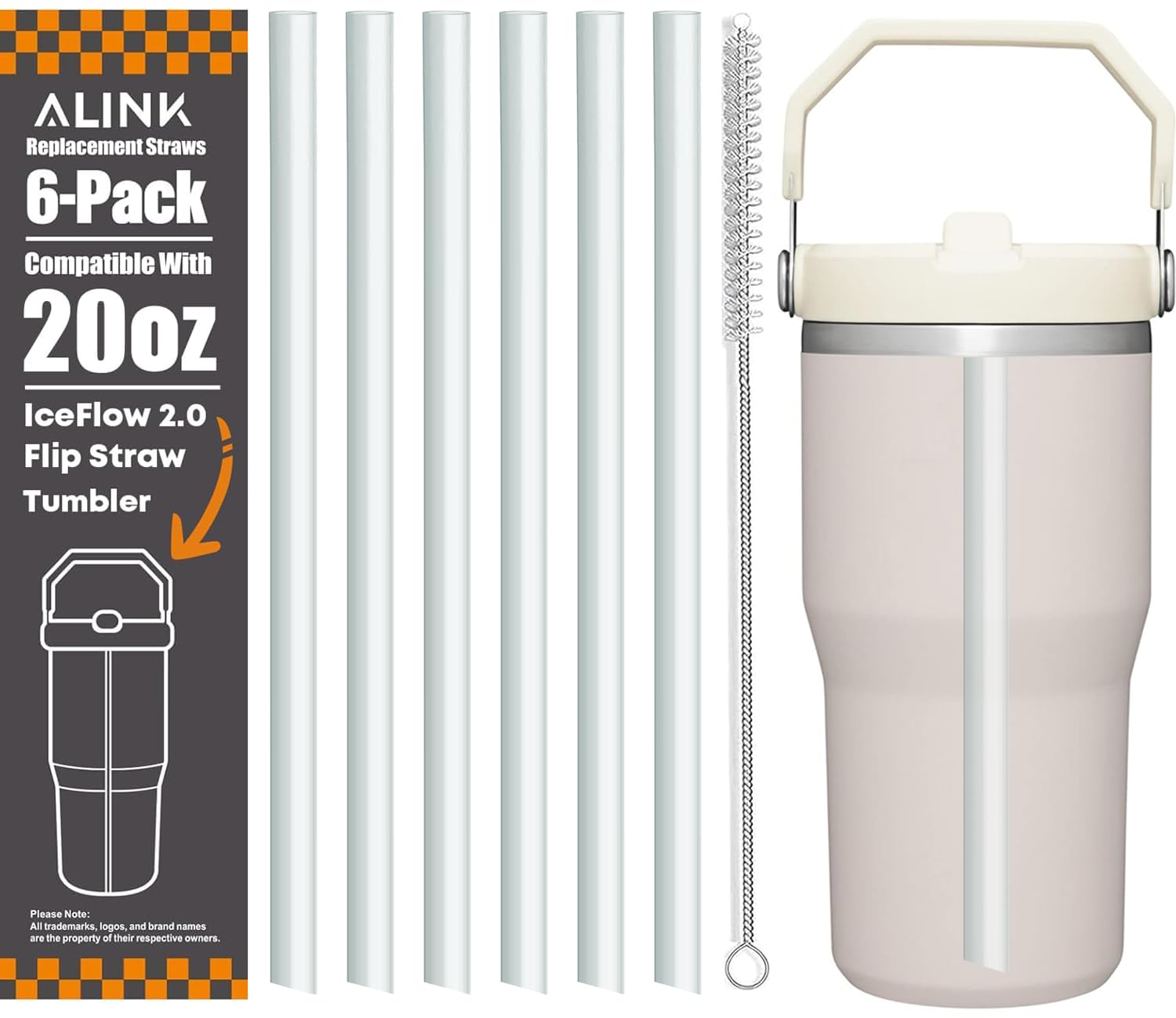 Photo 1 of ALINK Reusable Clear Straws for Stanley IceFlow 2.0 Flip Straw Tumbler 20 oz, 6 Pack Plastic Replacement Straws Compatible with 20oz 2.0 IceFlow Cup with Brush, Angled Design, Dishwasher Safe