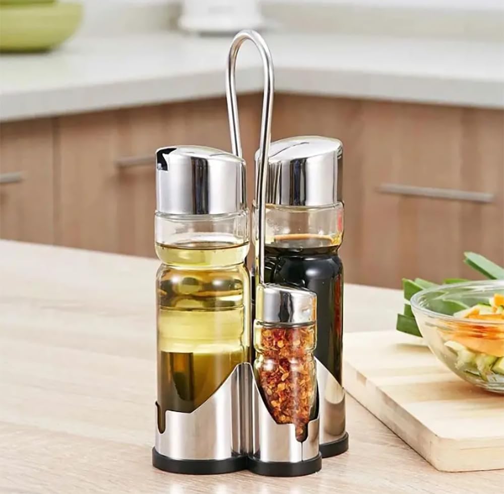set oliera e acetiera, in vetro e acciaio inox, 4 pezzi