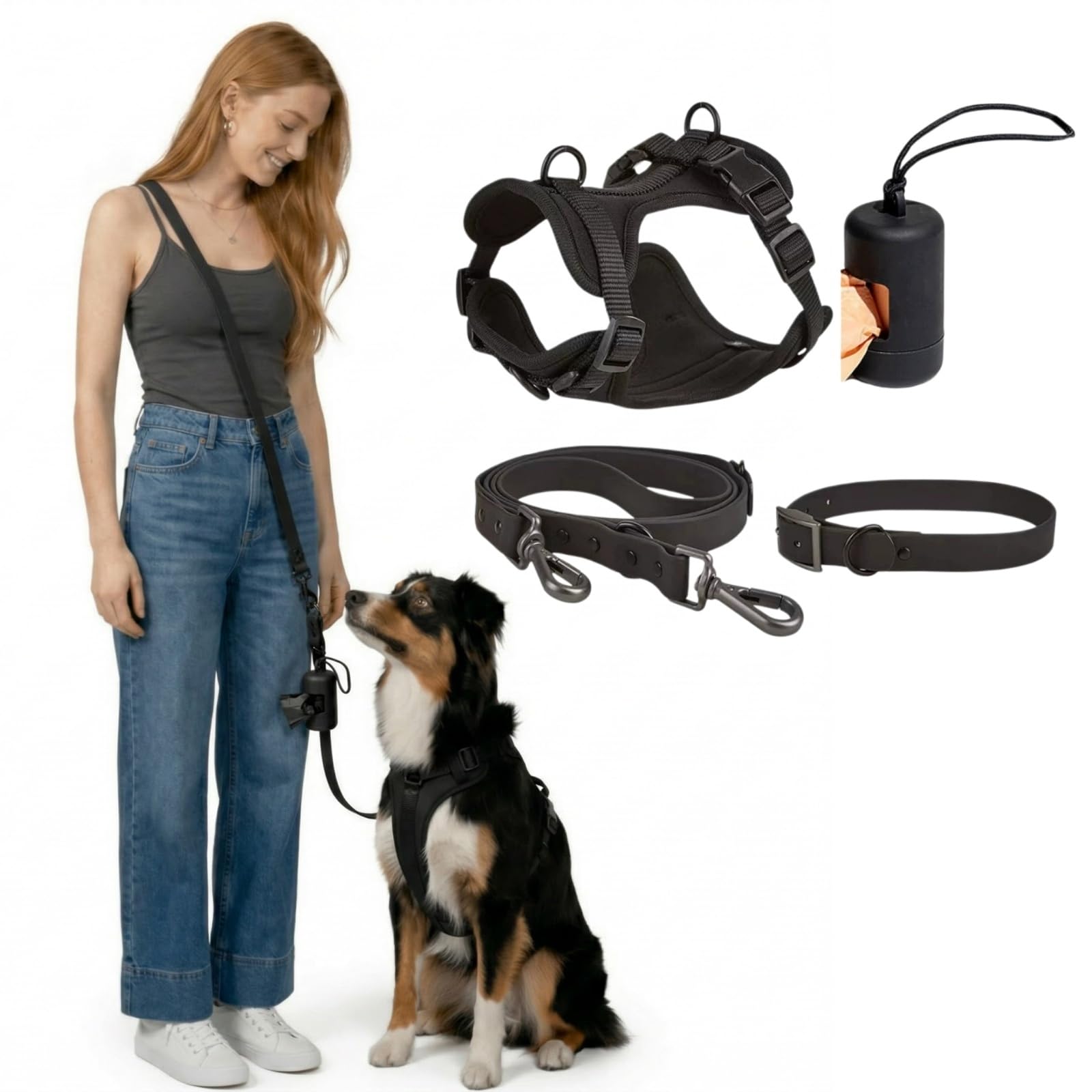 Welldog WalkKit 2.0, 4-in-1 Hundegeschirr Set Verstellbar No Pull Hundegeschirr mit Hundeleine Halsband Kotbeutelspender Atmungsaktiv Ergonomisch für kleine mittlere große Hunde