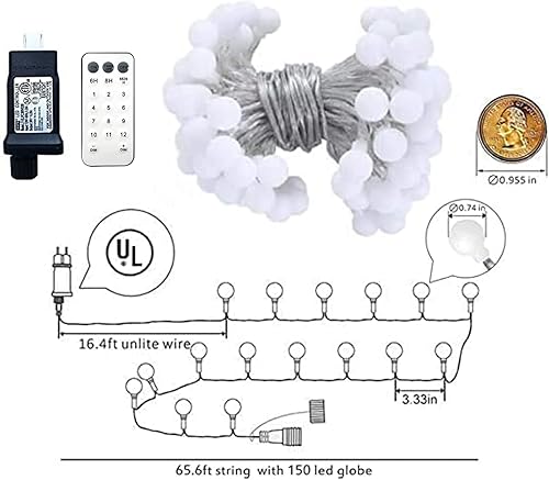 Miniatura 6 de Guirnalda de luces de globo de 65.6 pies, 150 LED, tira de luces enchufables con temporizador remoto extensible, 11 modos de luces que cambian de