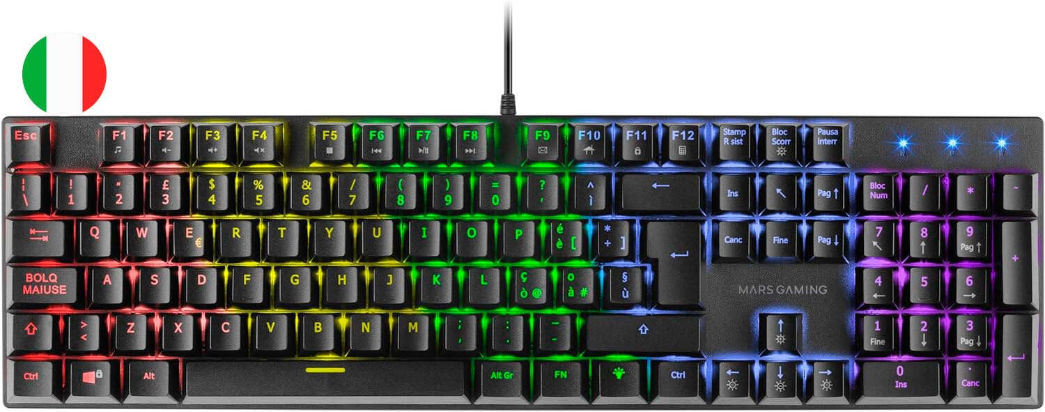 Mars Gaming MK422 Nero, Tastiera Meccanica Gaming RGB, Antighosting, Switch Meccanico Marrone, Lingua Italiana