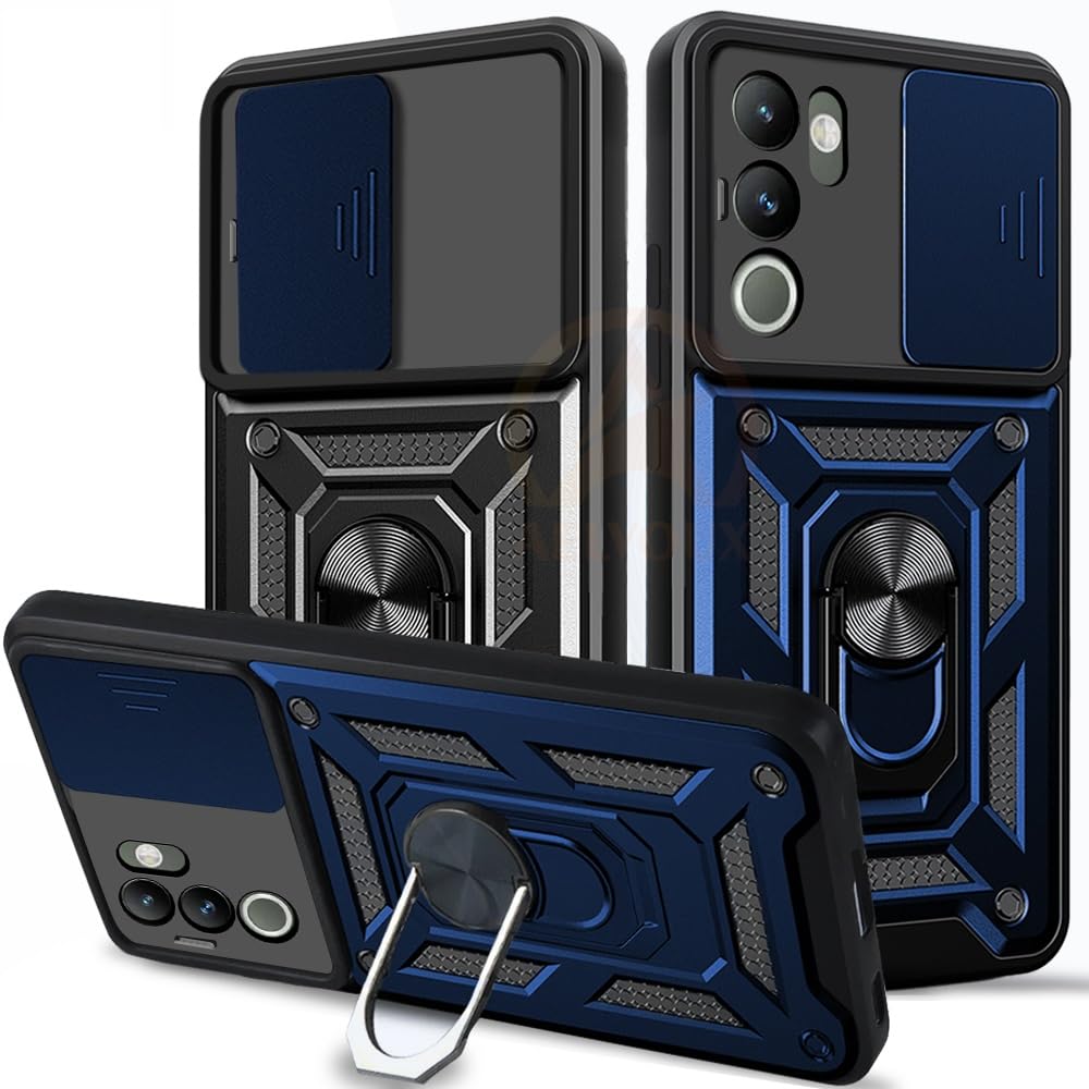 AELVOUX Armor Bumper Back Cover Case for Vivo y200 5g Rotating Camera Cover, Ring Holder & Kickstand | Heavy Duty & 360 Degree Protection Vivo y200 5g Back Cover (Blue)
