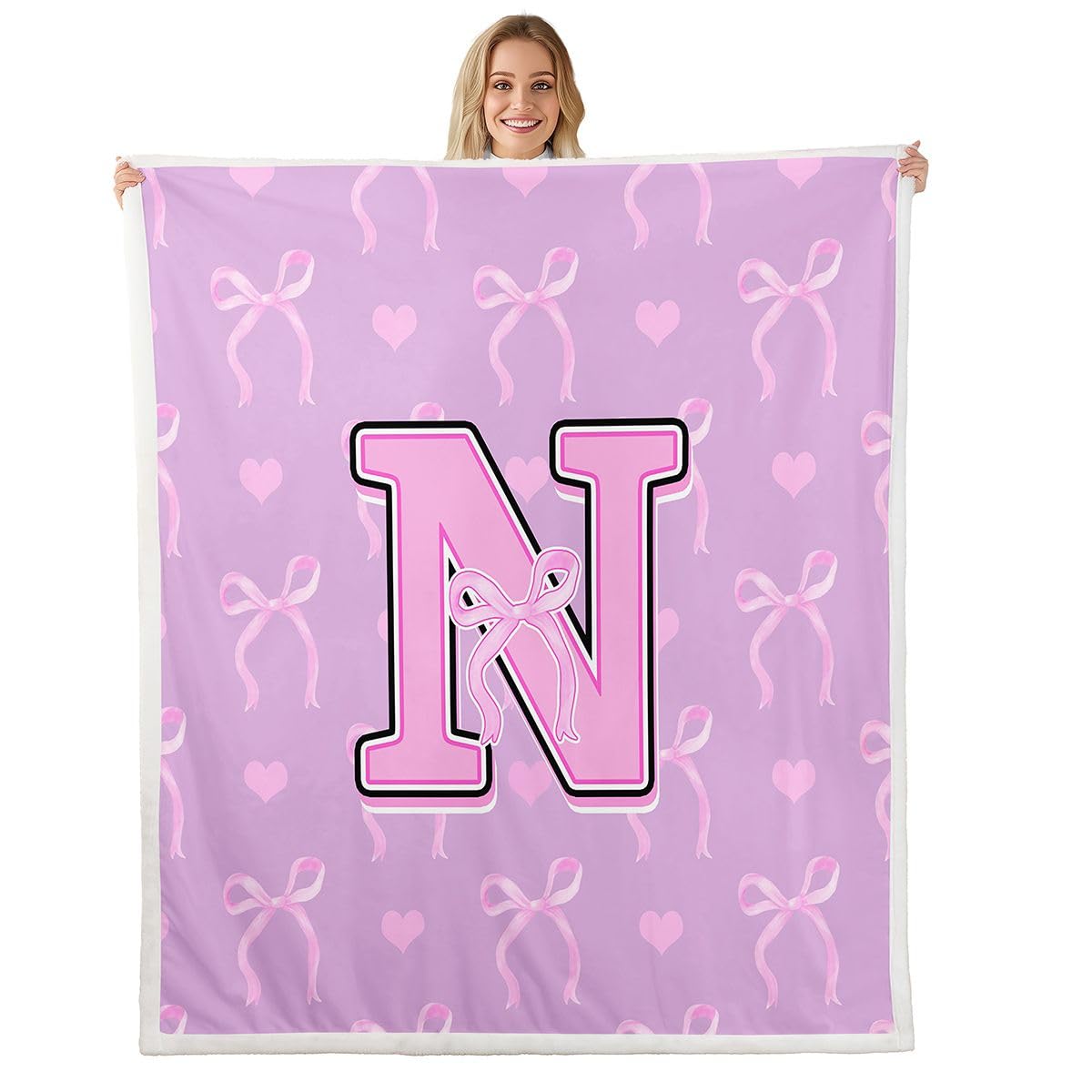 Couverture Polaire Lettre nœud Noir Rose - Jeté de Lit Enfant Homewish