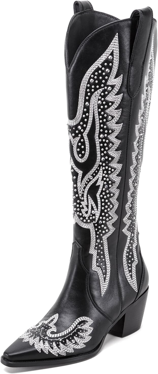 ADAMUMU Womens Wide Calf Cowboy Boots Classic Western-Style Cowboys Boots for Women Pointed Toe Womens Cowgirl Boots with Chunky Heel Non-Slip Sole for Adding Timeless Elegance to Your Wardrobe