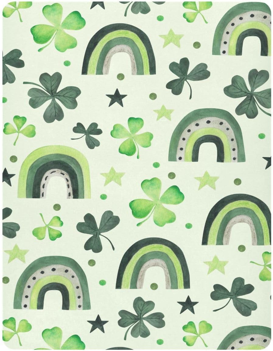Fitted Crib Sheets St Patrick's Day Clovers Rainbows Stretchy Portable Playard Sheets for Baby Toddler, Breathable Soft Mini Crib Mattress 39 x 27 in for Boys and Girls