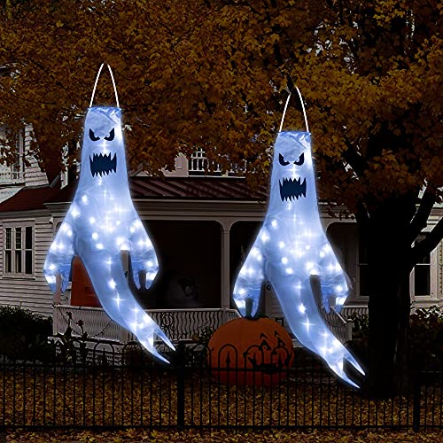 Nerosun 2 Pieces Hanging Halloween Ghost Windsocks Decorations, 43 Inch Lighted Flag Wind Socks With 40 Led Lights For Outdoor Patio Garden Yard Tree Home Party Supplies Decor, Gifts For Kids #TOP19