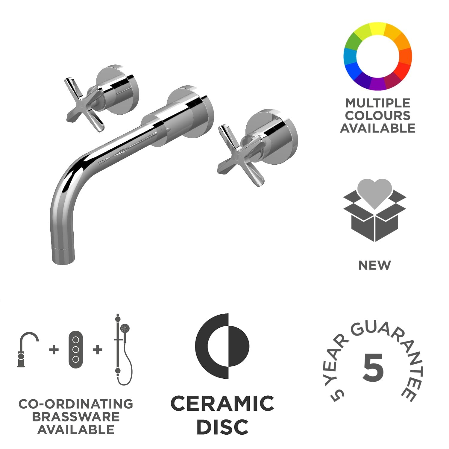 nuie CLX317 Aztec Modern Bathroom Wall Mounted 3 Tap Hole Basin Mixer Tap, 202mm, Chrome - Image 4